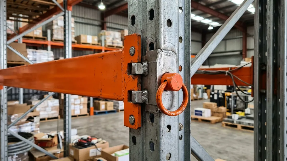 Detalhe técnico de conexão de montante vertical e longarina laranja reforçada de porta-paletes industrial.