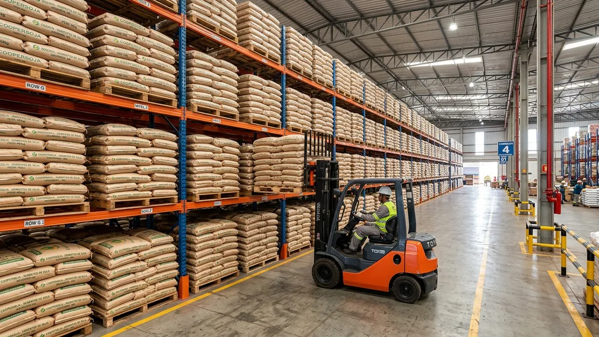 Galpão logístico industrial em Dourados MS com sistema de porta-paletes pesado armazenando sacarias agrícolas.
