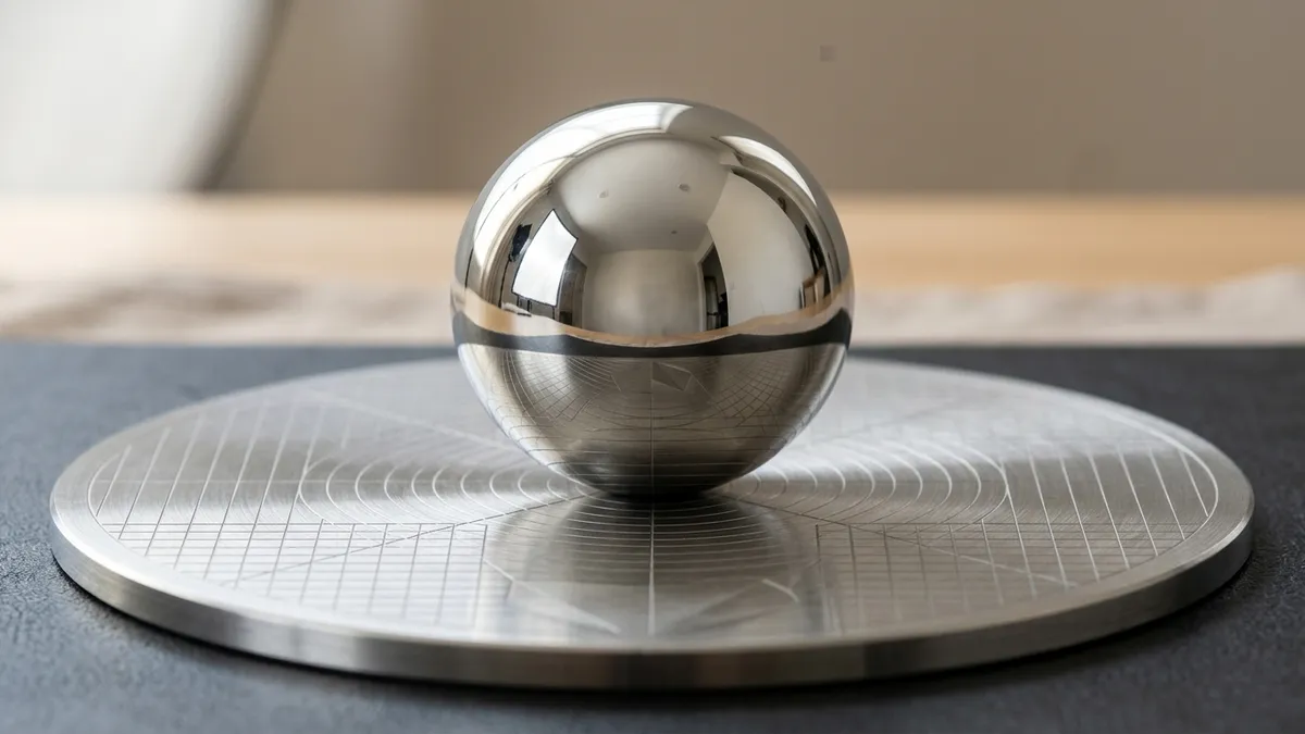 Uma esfera de aço polido espelhada repousando sobre uma chapa de aço escovado com ranhuras geométricas finas de usinagem a laser.