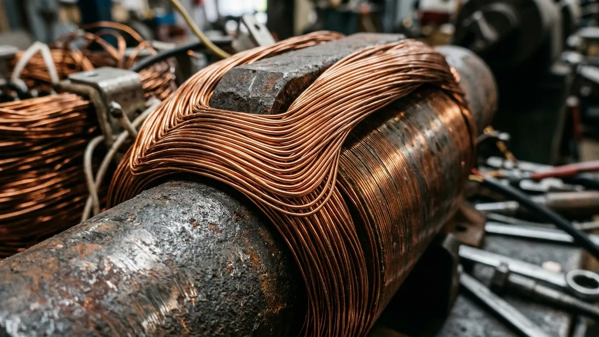 Macro em close-up de fios de cobre densamente enrolados em torno de um núcleo de ferro pesado com foco industrial afiado.