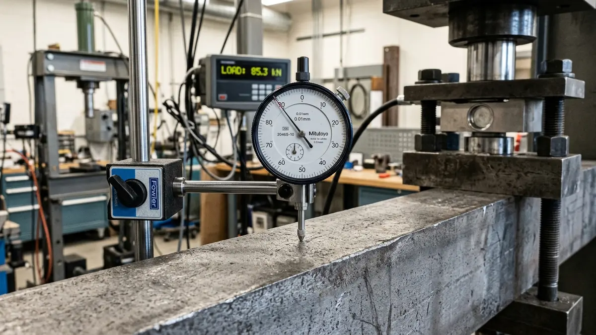 Técnico em ensaios de materiais analisando amostra de aço sob micrômetro no laboratório de qualidade.