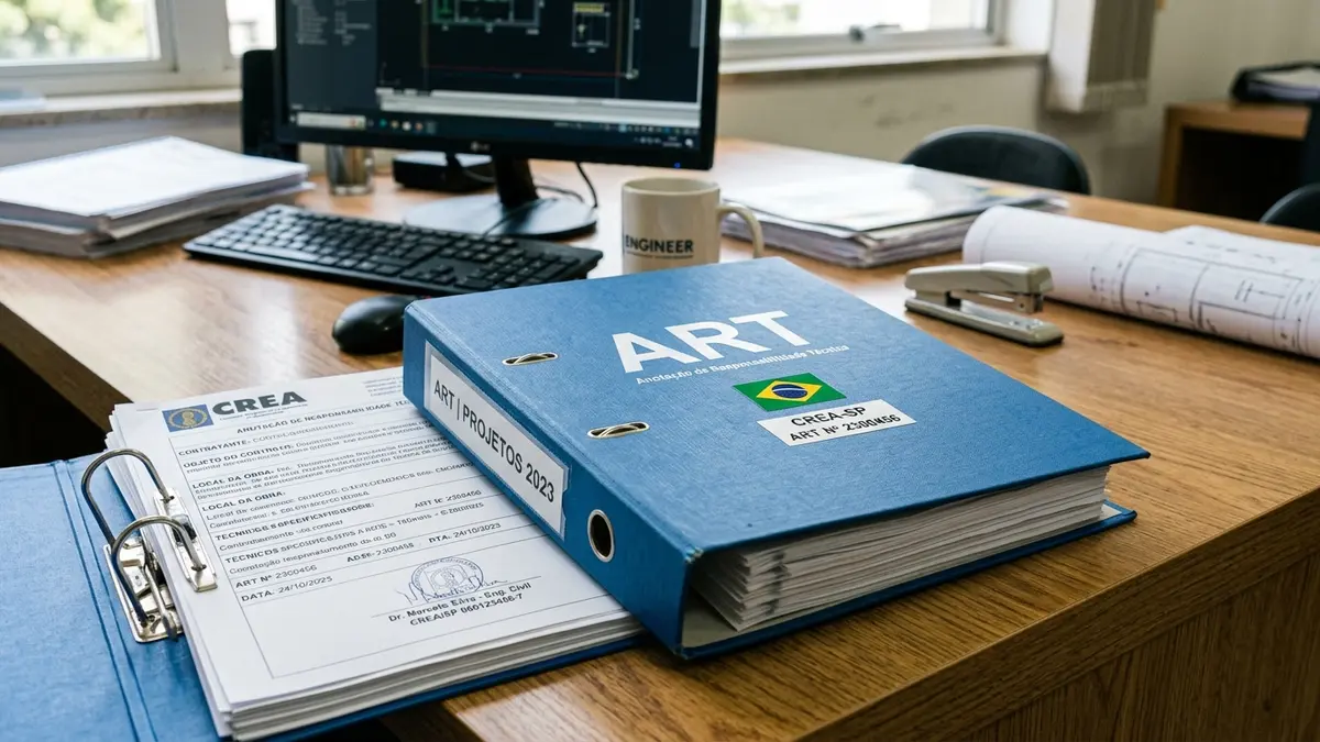Pasta azul oficial contendo documento de ART (Anotação de Responsabilidade Técnica) assinado por engenheiro mecânico, sobre mesa de madeira em escritório industrial.