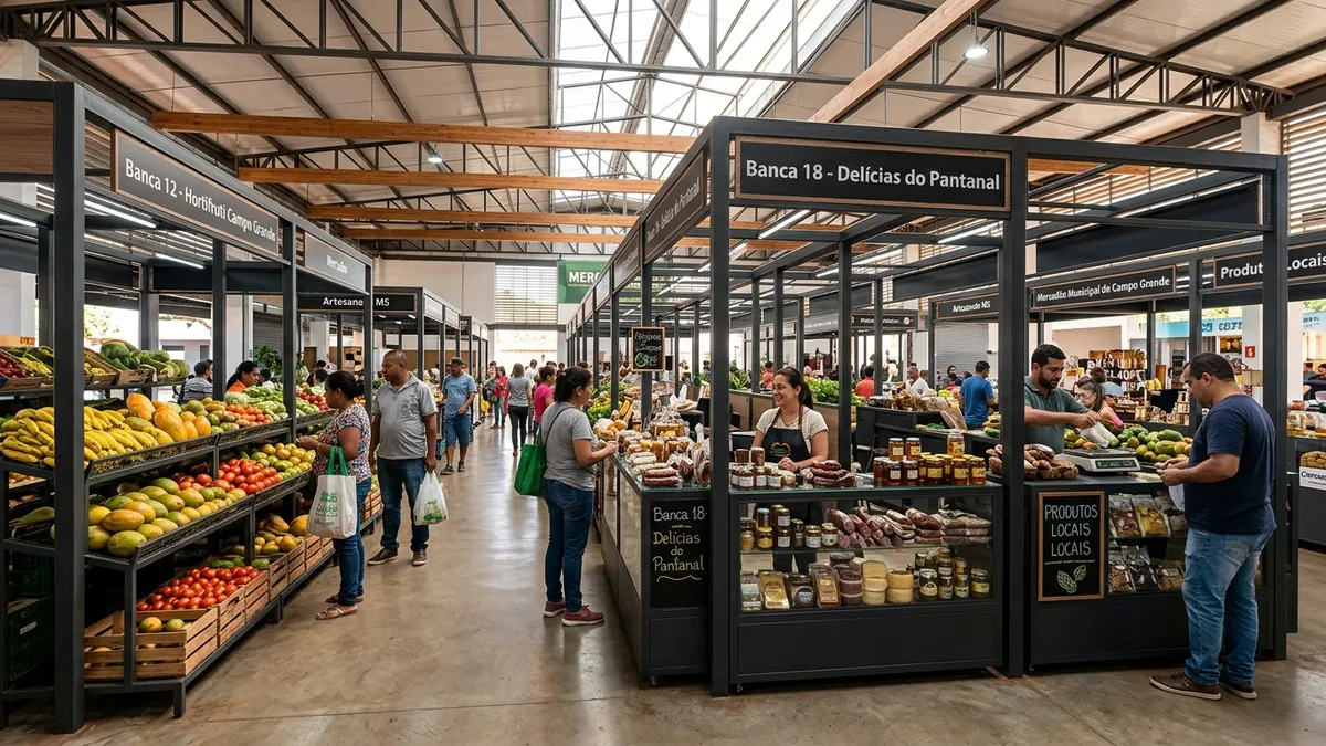 Visão geral do Mercado Municipal de Campo Grande MS revitalizado com boxes e expositores metálicos pretos organizados.