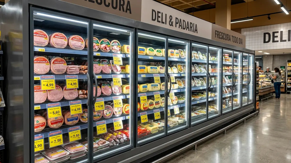 Gôndolas refrigeradas com cortinas térmicas e etiquetas plásticas de preço legíveis em corredor de frios do mercado.