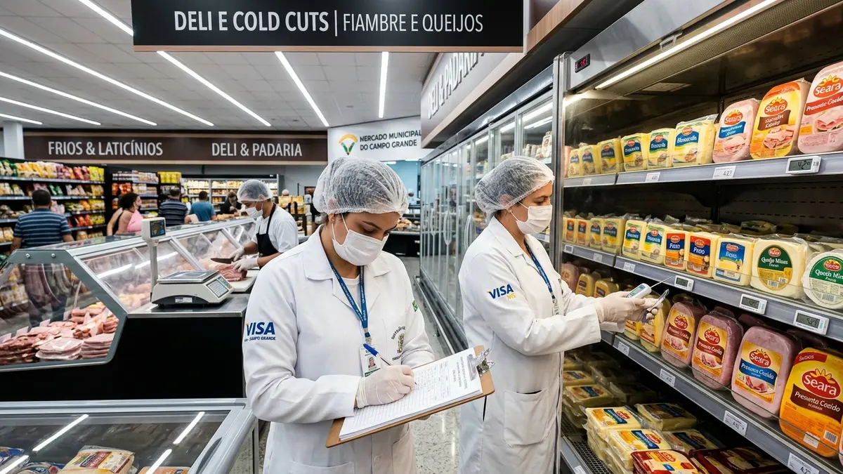 Fiscais da VISA MS inspecionando gôndolas refrigeradas e aferindo temperatura em supermercado de Campo Grande.