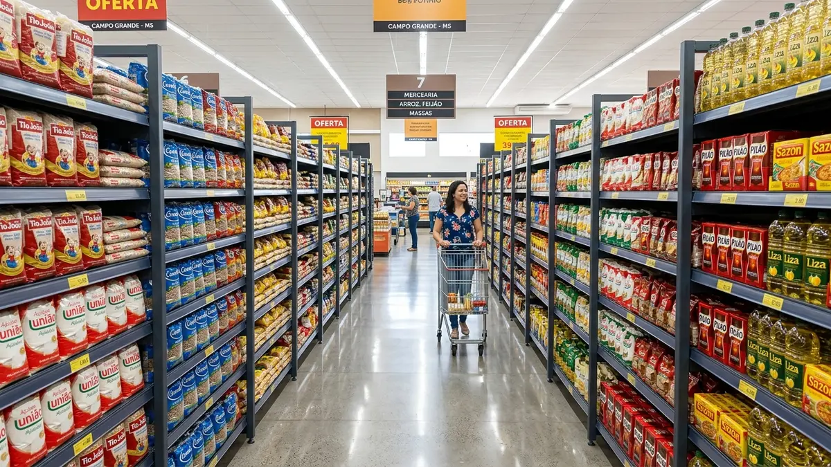 Gôndolas metálicas de supermercado perfeitamente alinhadas, limpas e precificadas em conformidade com as normas.