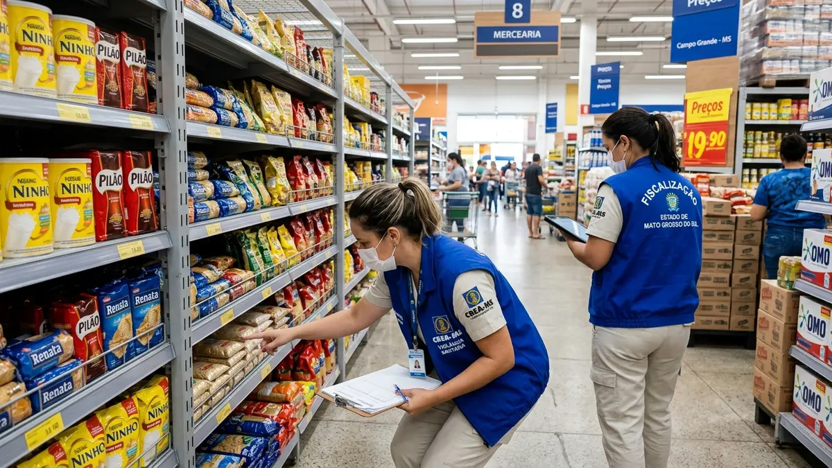 Fiscais oficiais com jalecos identificados inspecionando gôndolas de alimentos em supermercado de Campo Grande MS.
