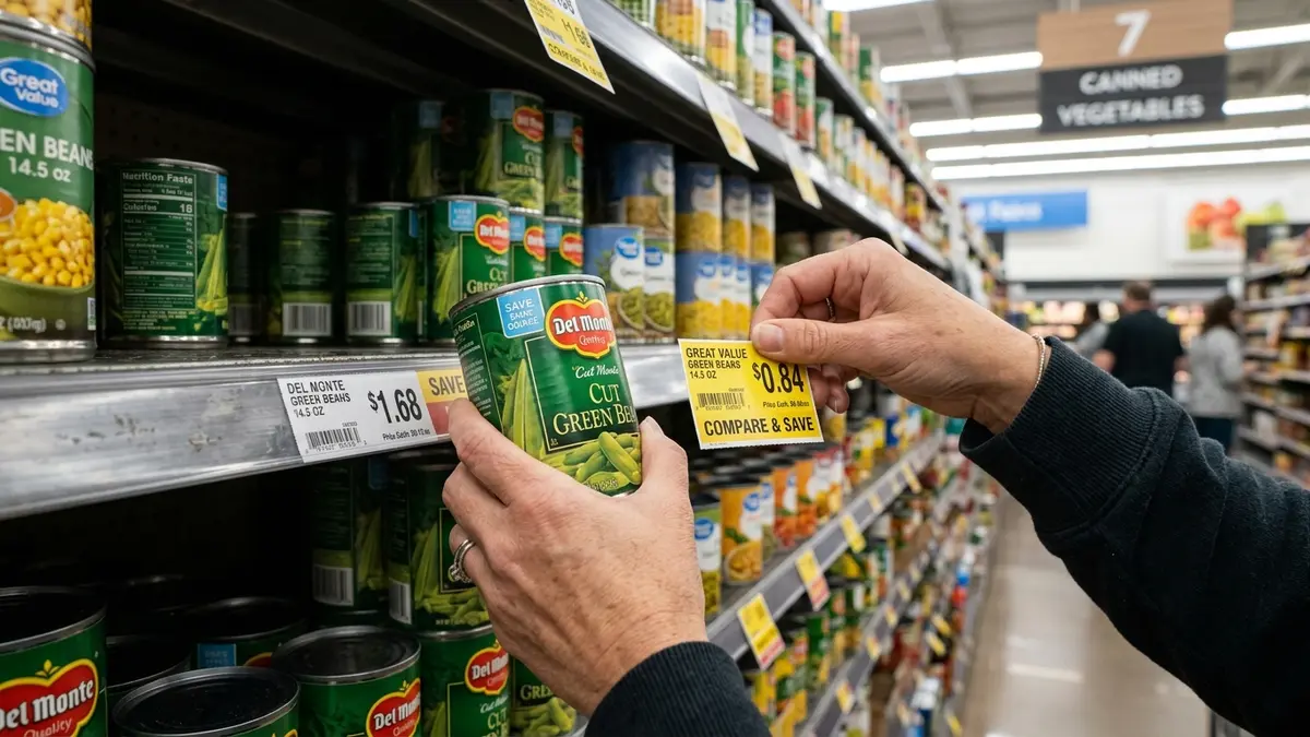 Mãos de cliente comparando e analisando etiquetas de preços em prateleiras metálicas de supermercado no MS.