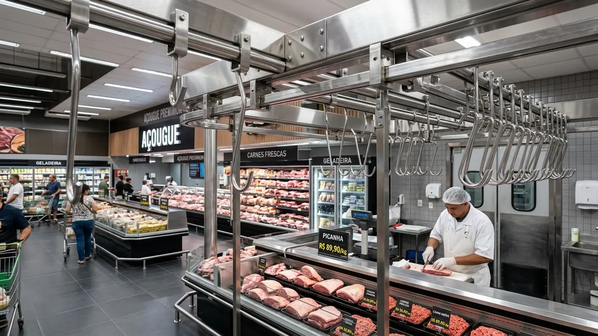 Açougue premium com gancheiras e trilhos suspensos de aço inox AISI 304 com cortes de carne e etiquetas de preço em português.