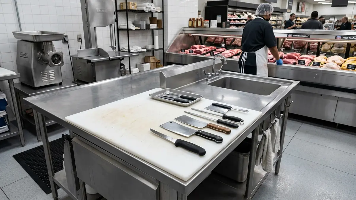 Mesa de desossa limpa de aço inox e utensílios profissionais em açougue de supermercado no MS.
