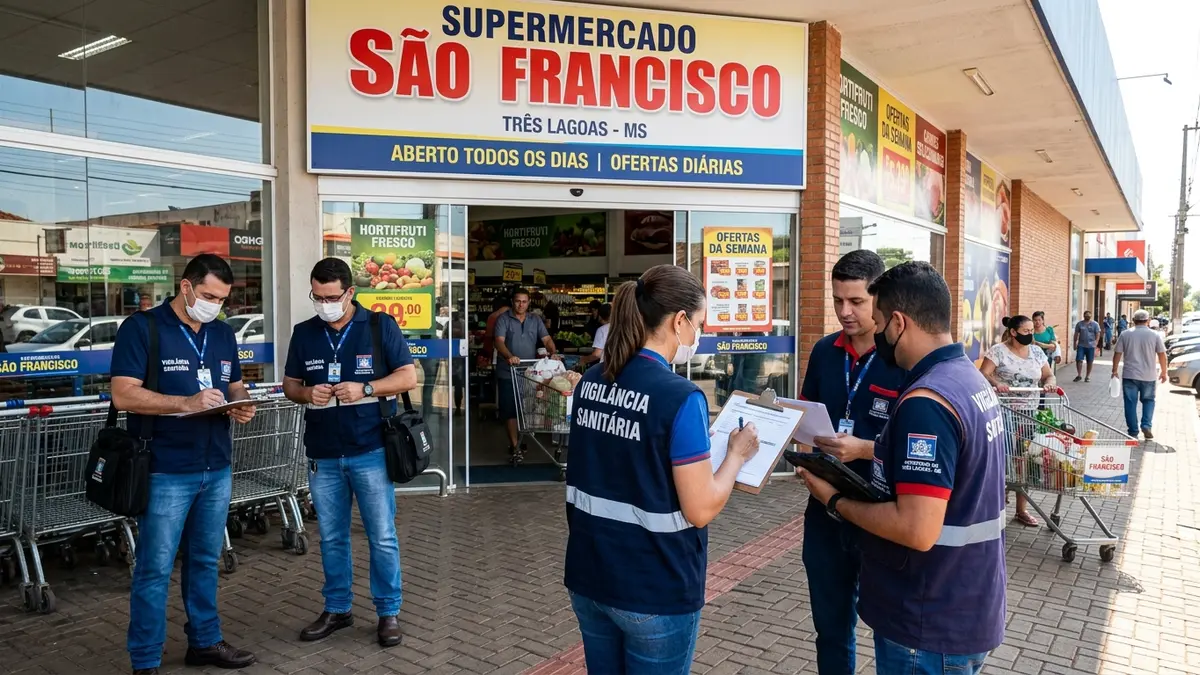 Fiscais da Vigilância Sanitária com prancheta na entrada de supermercado em Três Lagoas MS.