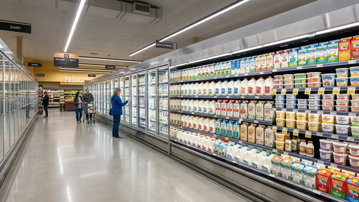 Expositor de supermercado refrigerado moderno com laticínios organizados e iluminação LED, limpo e bem conservado em Campo Grande MS.
