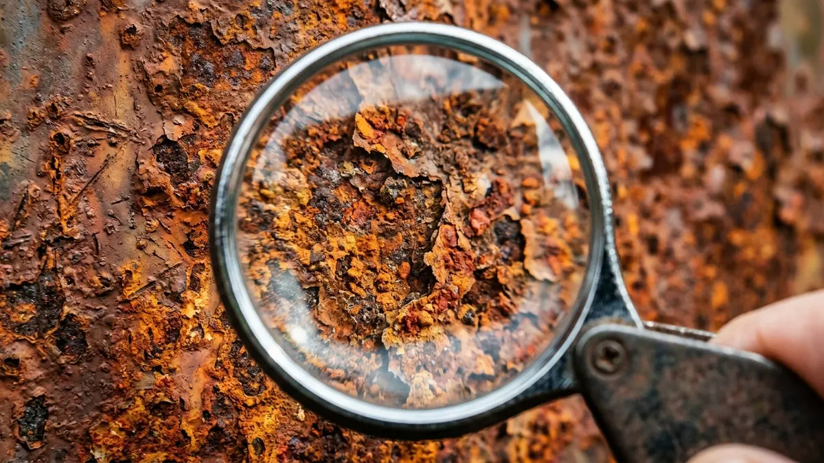 Pé de coluna metálica de porta-palete severamente desgastado por ferrugem ativa e oxidação no rodapé.