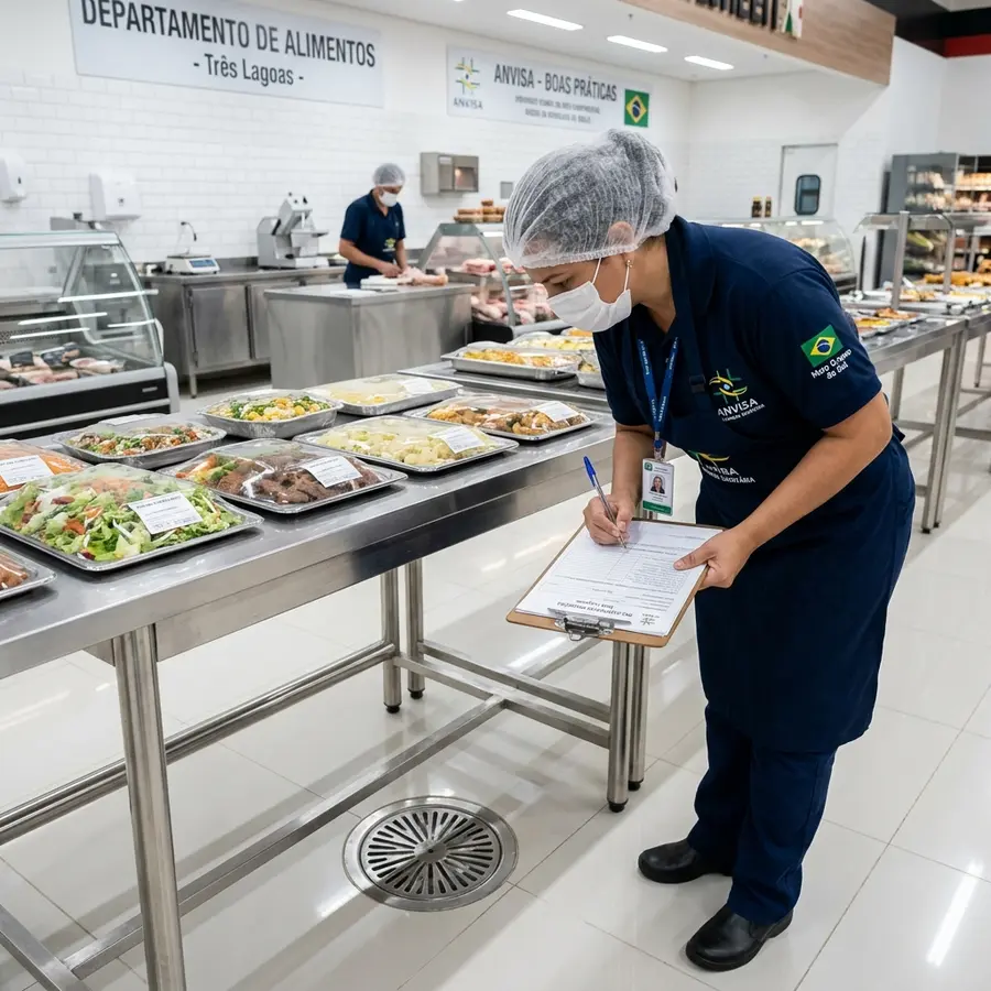Fiscal da Vigilância Sanitária em Três Lagoas MS inspecionando bancada de hortifrúti em aço inox AISI 304 com prancha de checagem ANVISA RDC 216