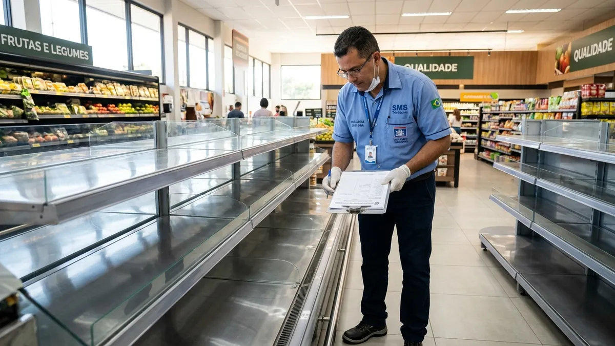 Fiscal sanitário realizando inspeção visual em balcão de gôndola de aço inox limpo.