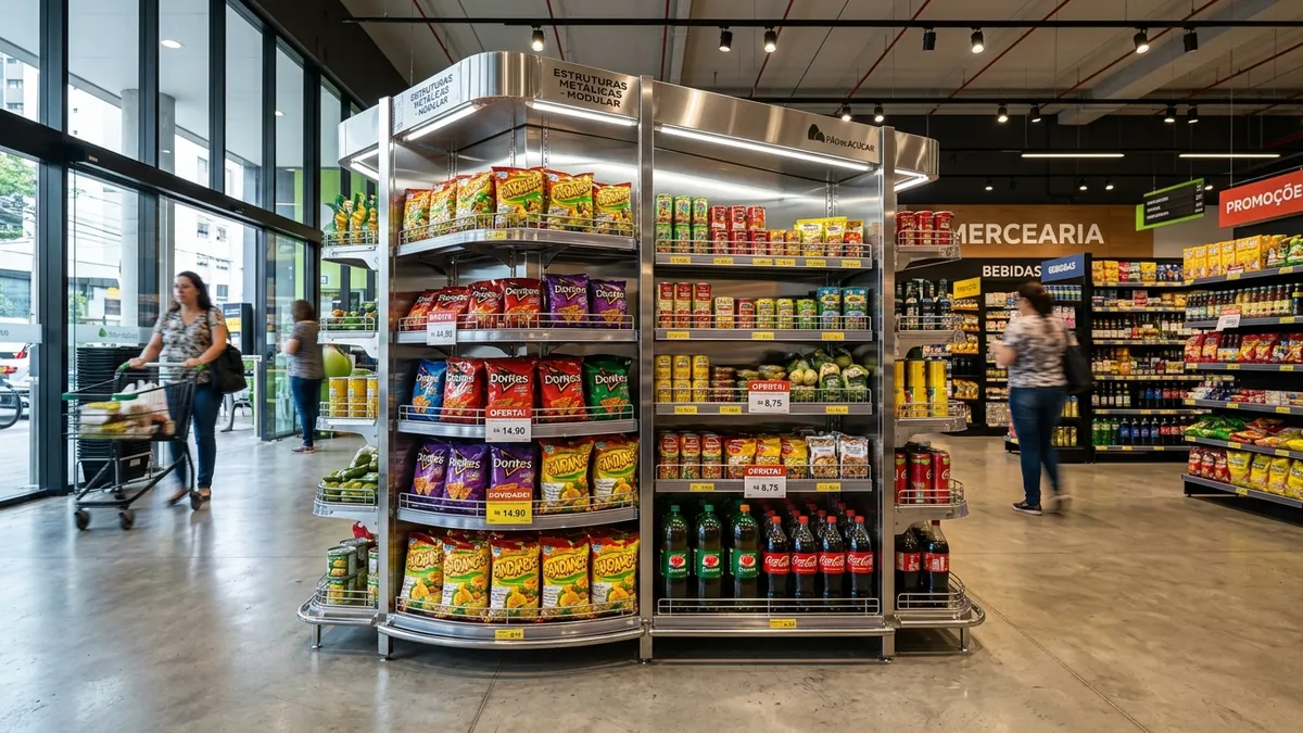 Gôndolas modulares de aço inox brilhante instaladas em supermercado moderno em Três Lagoas MS.