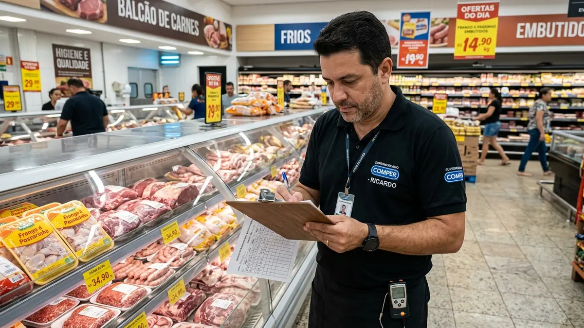 Operador de supermercado anotando registros de temperatura de balcão expositor de carnes em Campo Grande MS.