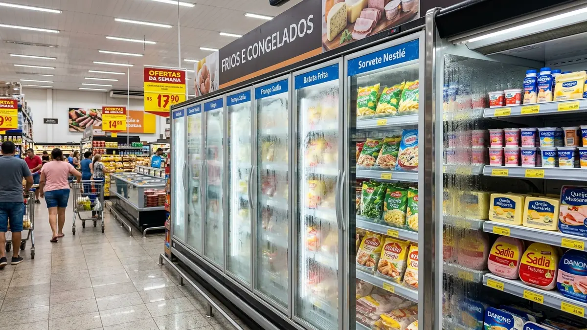 Corredor de frios e congelados de supermercado com portas de vidro embaçadas por condensação térmica devido à frente fria.