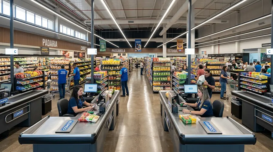 Frente de loja e salão de vendas de supermercado moderno em Campo Grande MS com operadores em checkouts ergonômicos em inox AISI 304 e repositores em gôndolas de aço ABNT NBR 14762