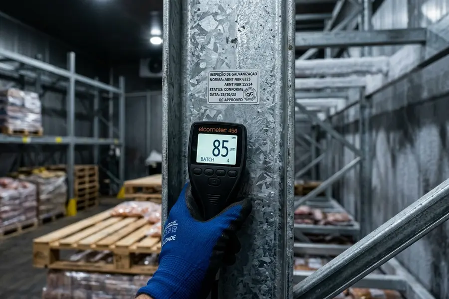 Medição instrumental de espessura de camada de zinco galvanizado a quente em coluna porta-paletes com medidor magnético digital mostrando 85 micras segundo NBR 6323 em Dourados MS