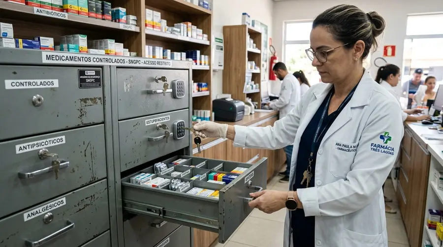 Gaveteiro metálico de segurança para medicamentos controlados Portaria 344 em farmácia de Três Lagoas MS