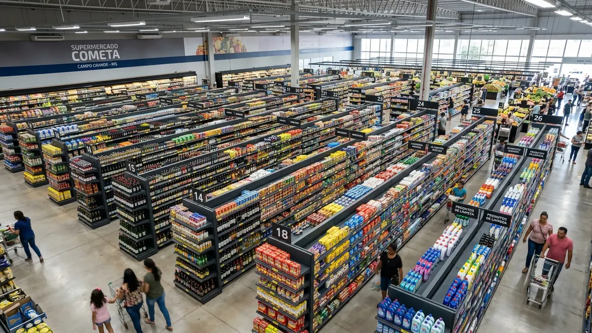 Visão aérea de um corredor amplo e limpo de supermercado em Campo Grande MS, ilustrando ativos de gôndolas e controle de estoque estruturado.