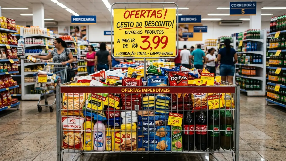 Cesto aramado promotor profundo (piscina de ofertas) com placa indicando OFERTAS e CESTO DO DESCONTO.