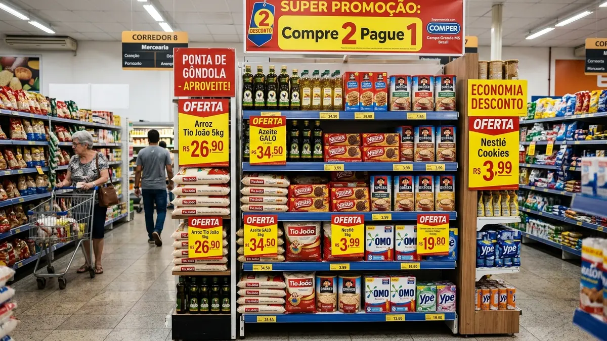 Ponta de gôndola de mercearia reorganizada com faixas de promoção Compre 2 Pague 1 em Campo Grande MS.