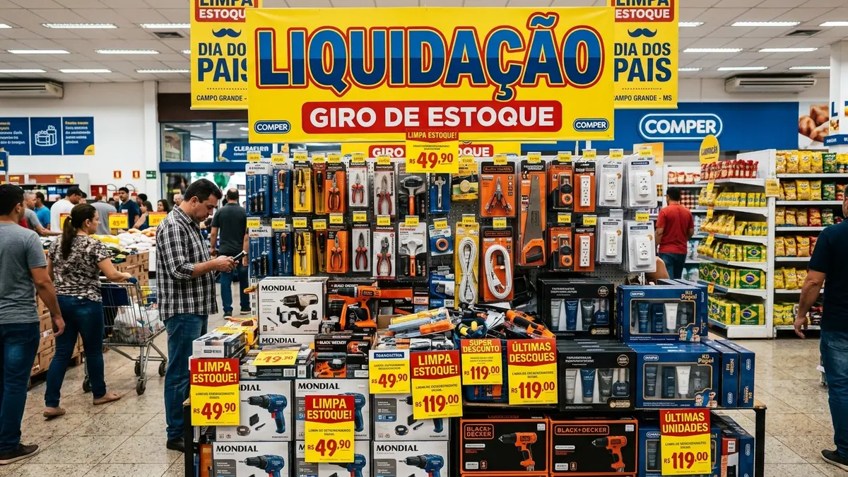 Ilha promocional de supermercado com cartazes amarelos grandes escrito LIQUIDAÇÃO - GIRO DE ESTOQUE em Campo Grande MS.