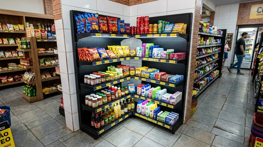 Gôndola de canto metálica preta fosca com iluminação LED embutida em loja de conveniência 24h em Dourados MS