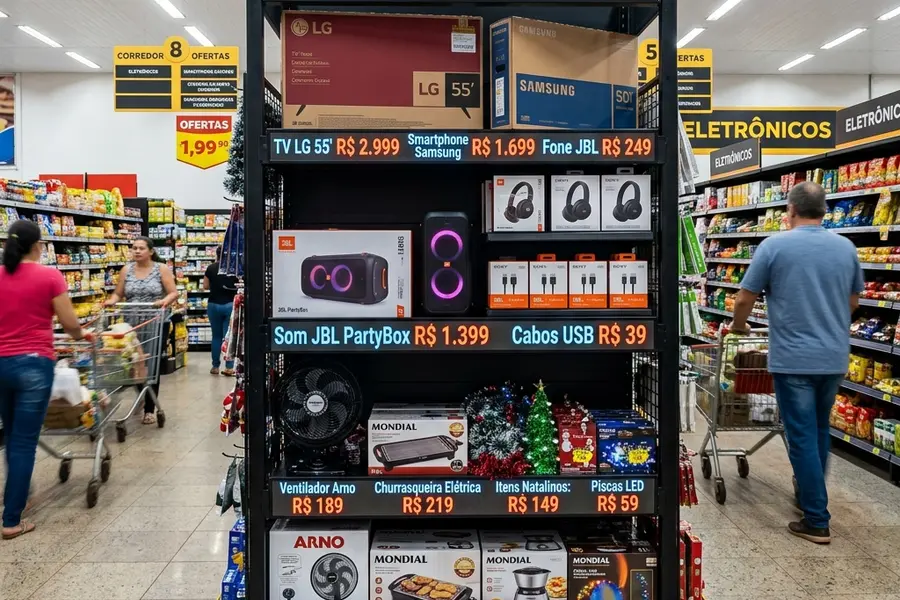 Gôndola de ponta reforçada com precificação digital LED e iluminação cênica recheada de eletrônicos em promoção em supermercado de Dourados MS