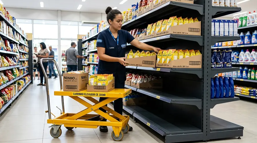 Repositor de supermercado em Campo Grande MS realizando abastecimento ergonômico de caixas prontas para exposição SRP em gôndola de aço de alta autonomia com base de 500 mm sob a ABNT NBR 14762 e NR-17
