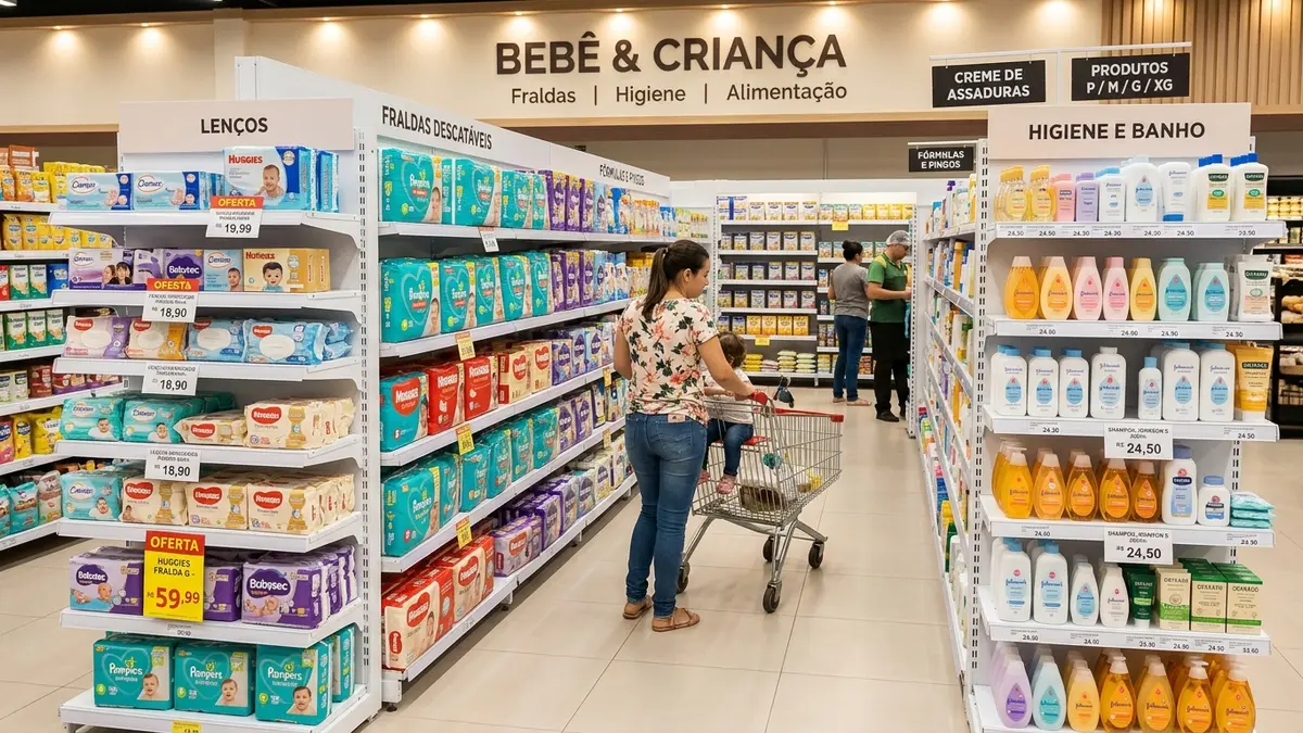 Corredor de drogaria moderna no MS exibindo latas de fórmulas infantis organizadas em prateleiras modulares brancas de encaixe rápido, perfeitamente limpas.