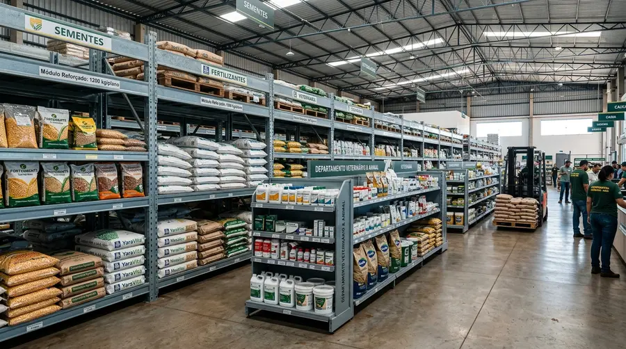 Estantes de aço pesadas e gôndolas modulares em loja de insumos agropecuários e cooperativa agrícola em Dourados MS