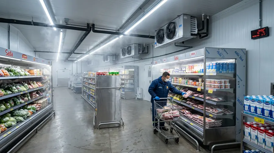 Câmara fria de estocagem em supermercado de Campo Grande MS com gôndolas e estantes perfuradas em aço inox AISI 304