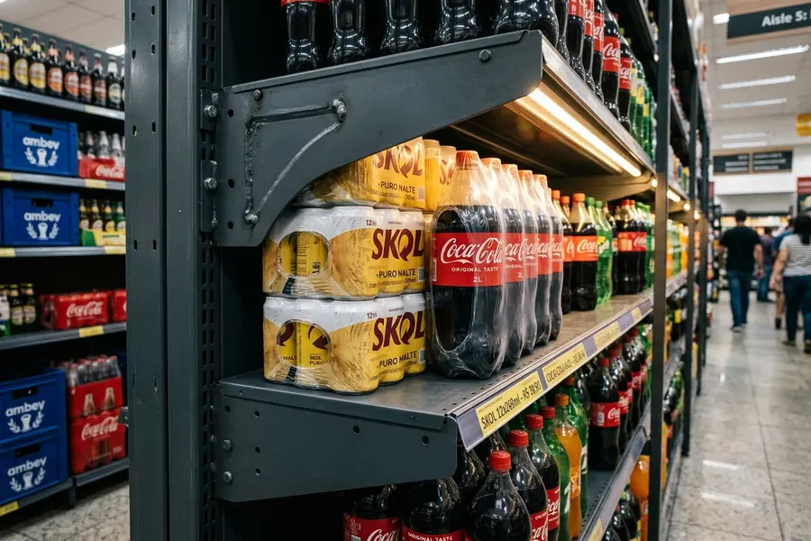 Detalhe de console reforçado e prateleira de aço para fardos pesados de bebidas em distribuidora e supermercado de Mato Grosso do Sul