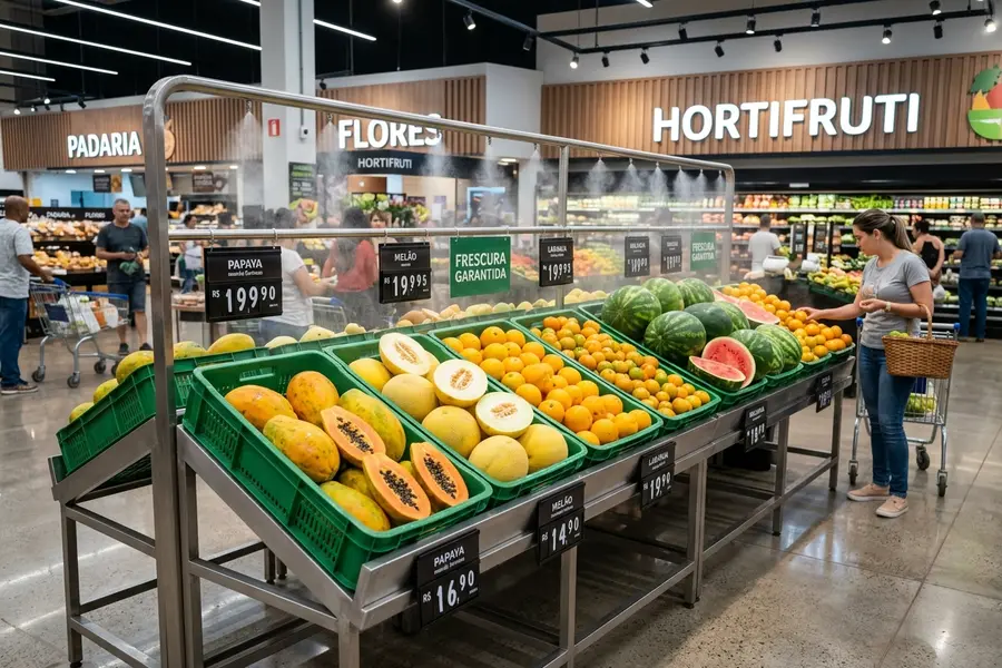 Expositor de hortifrúti em aço inox com cestos verdes em PEAD e sistema de borrifamento de umidade em supermercado em Campo Grande MS