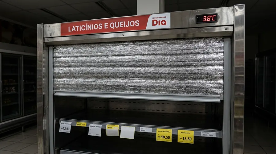 Gôndola refrigerada de supermercado em Campo Grande MS com cortina térmica noturna acionada para reter temperatura durante queda de energia