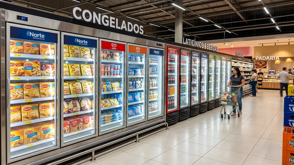 Corredor amplo e bem iluminado exibindo ilhas de congelados e expositores verticais de refrigeração modernos em Campo Grande MS.