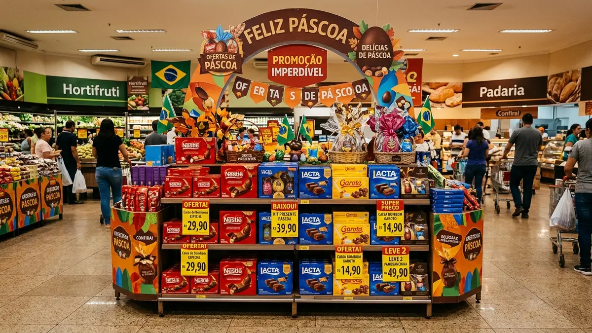 Corredor principal de supermercado no MS mostrando pontas de gôndola e ilhas sazonais com pilhas organizadas de caixas de bombons e chocolates.