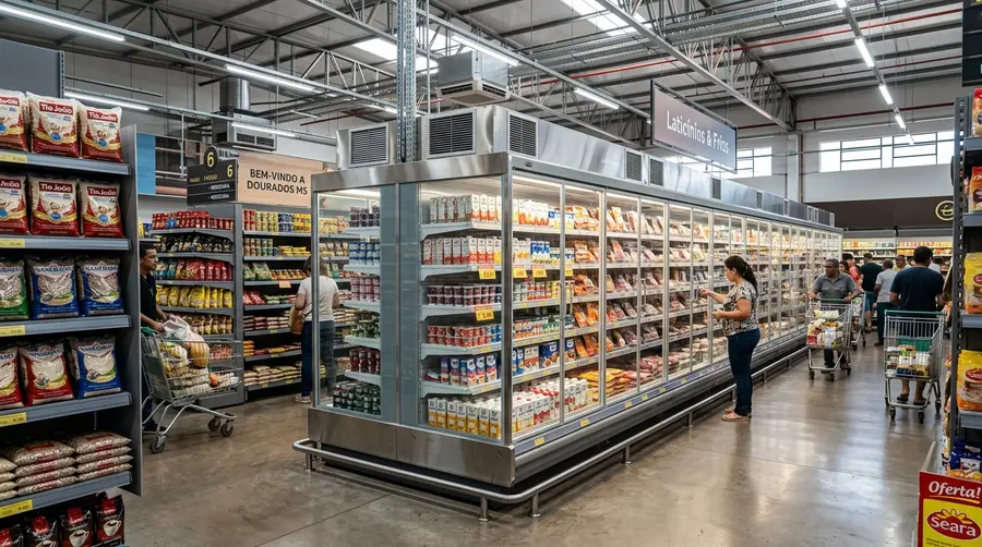Visão panorâmica de ilhas de expositores refrigerados com gôndolas periféricas em aço inox em supermercado em Dourados MS