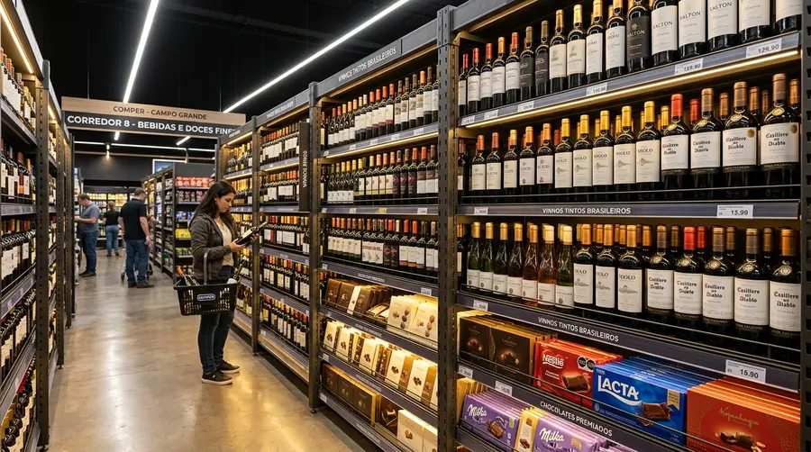 Corredor de gôndolas metálicas com iluminação LED 24V DC embutida sob as prateleiras em supermercado em Campo Grande MS