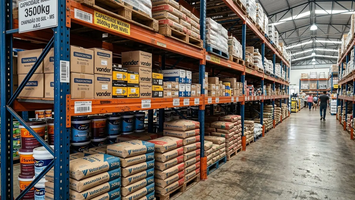 Gôndolas de aço reforçadas exibindo fardos pesados de argamassa, cimento e tintas industriais com placa de capacidade de carga de 3500kg em Chapadão do Sul MS.