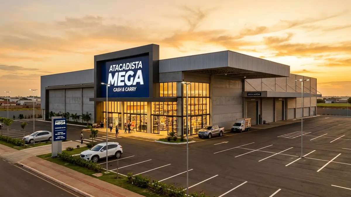 Fachada moderna do Atacadista Mega em Chapadão do Sul MS sob iluminação do pôr do sol cênica, com amplo estacionamento.