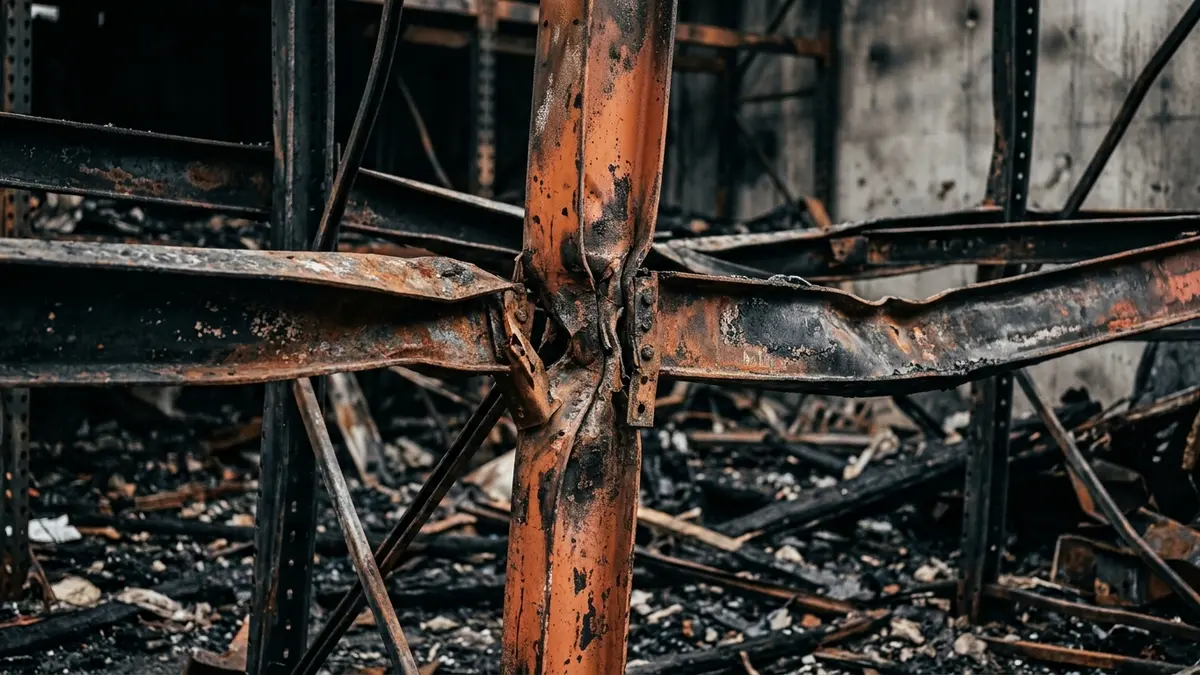 Estruturas de porta-paletes e vigas metálicas empenadas e retorcidas pela alta temperatura do incêndio no armazém.