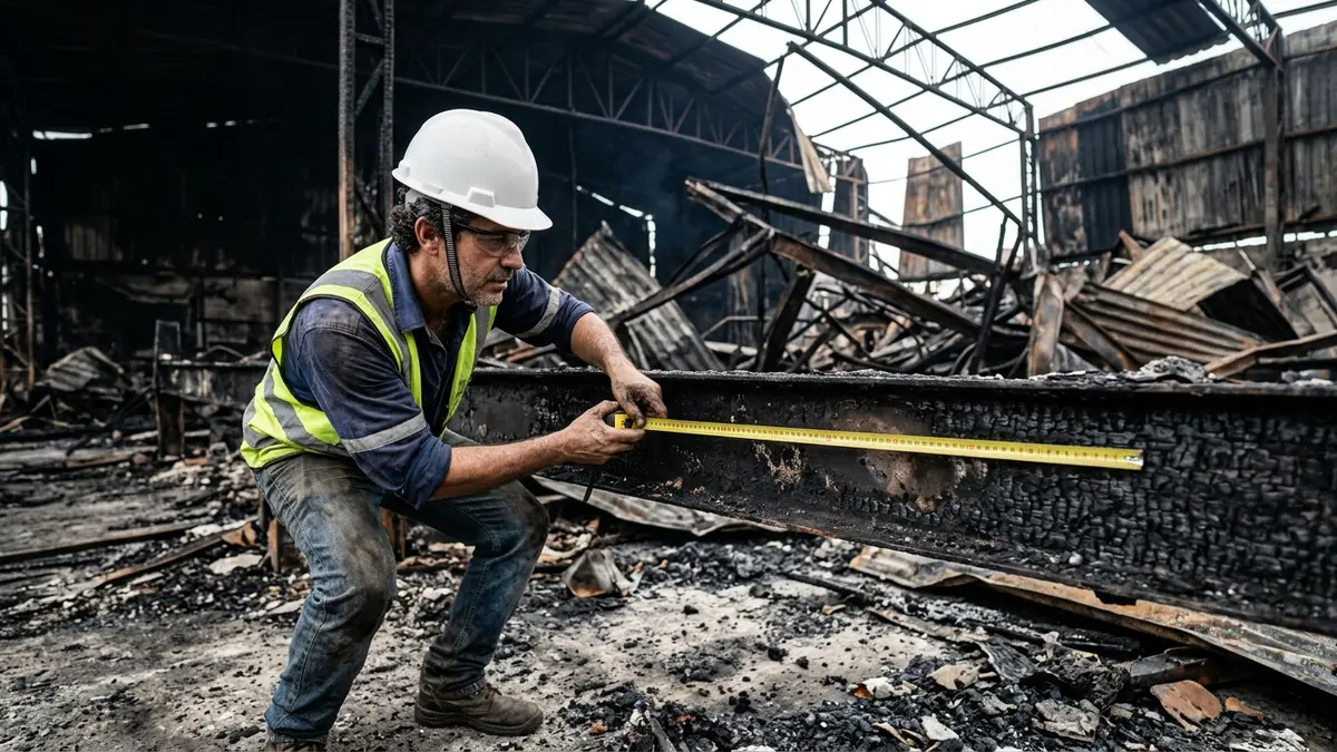 Engenheiro civil de capacete branco limpo medindo viga metálica carbonizada em armazém de Paranaíba MS.