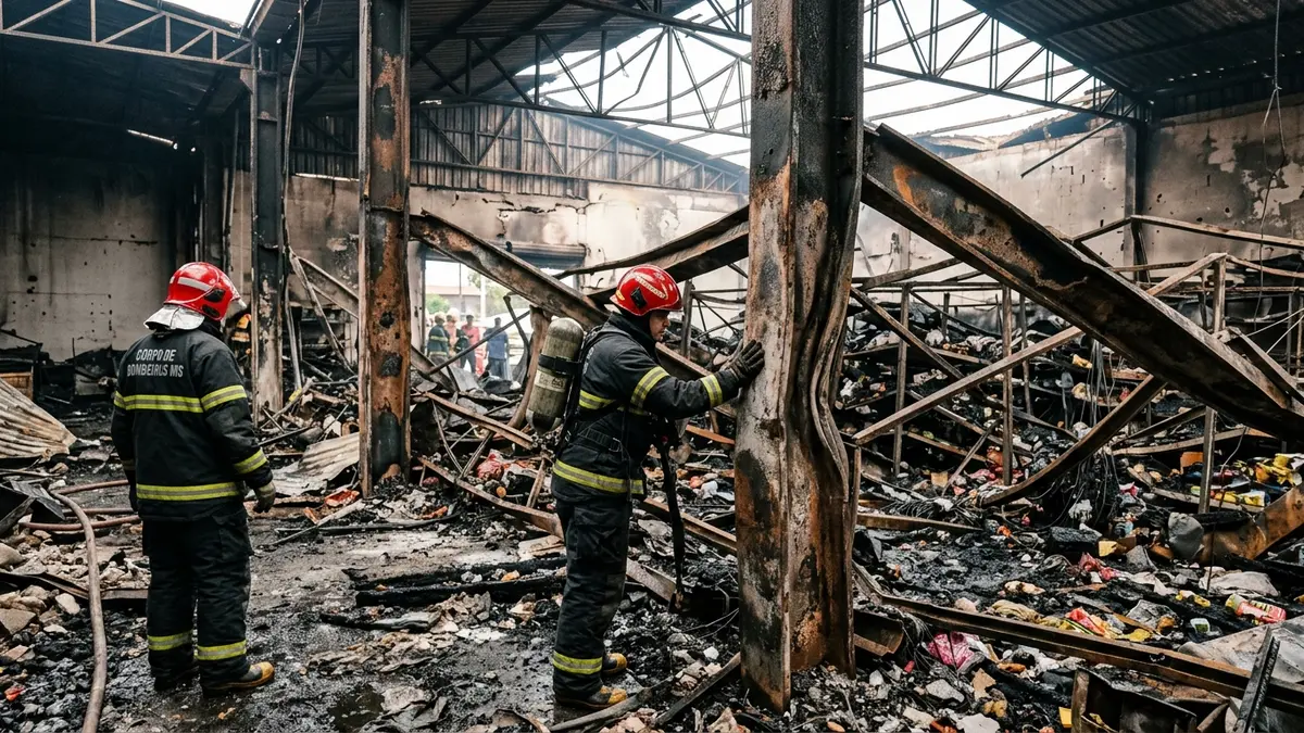 Bombeiros do MS inspecionando escombros e vigas metálicas retorcidas de galpão destruído pelo fogo em Paranaíba MS.