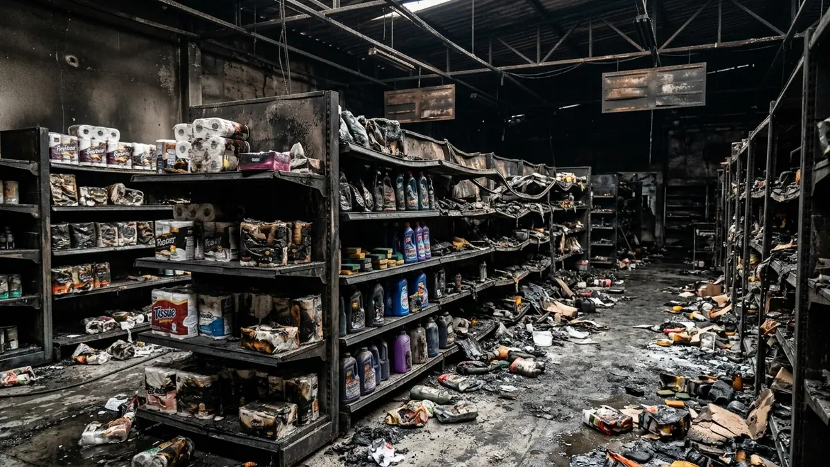 Gôndolas de metal enegrecidas por fumaça e fuligem com mercadorias danificadas após o incêndio no supermercado.
