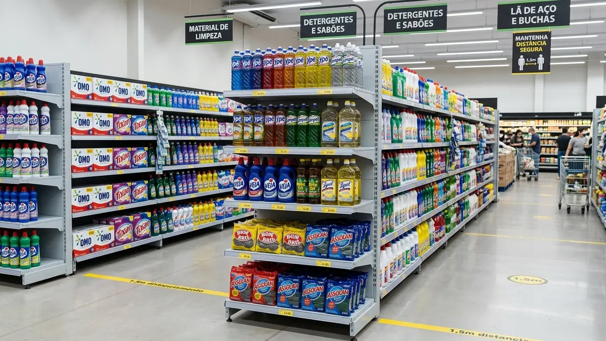 Seção de material de limpeza organizada com prateleiras metálicas, preços legíveis e placas de sinalização.