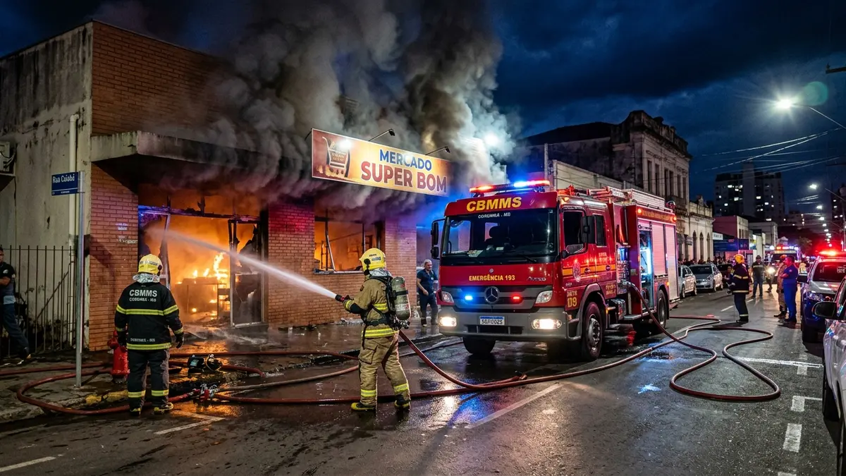 Bombeiros do CBMMS combatendo o fogo na calçada do supermercado da Rua Cuiabá em Corumbá MS durante a noite.